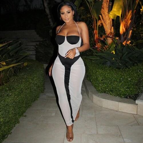 TNNAOFF Patchwork Mesh Sheer Bodycon Dress for Women Summer Beachwear Sexy Sling Backless Night club Party Long Maxi Dresses