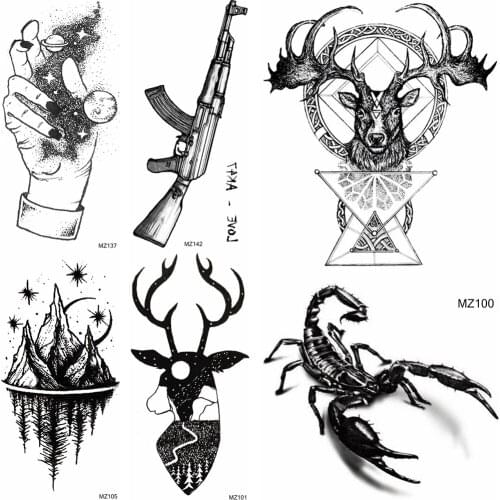 Totem Elk Scorpion Temporary Tattoos Sticker Waterproof Planets Mountain Tattoos For Adult Fake Firearms Fashion Body Art Tatoos