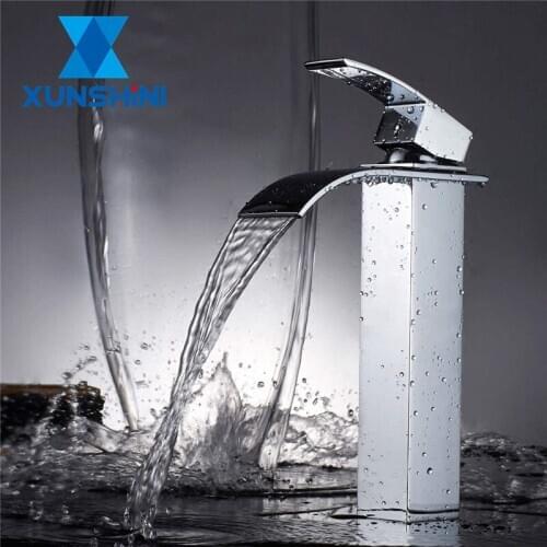 XUNSHINI Waterfall Basin Faucet Bathroom Faucet Vanity Vessel Sinks Mixer Tap Cold And Hot Deck Mount Basin Washing Taps