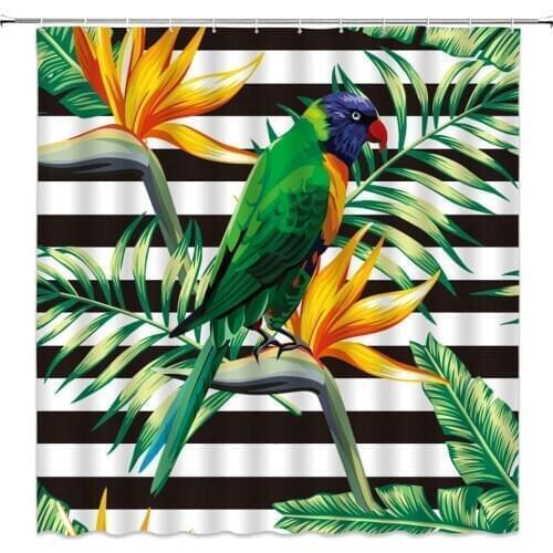 Parrot Shower Curtains Tropical Flower Plant Green Leaf Black and White Striped Bathroom Decor Polyester Cloth Hanging Curtain