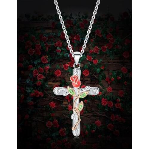 Aesthetic Rose & Cross Pendants For Women Double Color Plated Flower Choker Chain On The Neck Christmas Gift Jewelry N260 N265