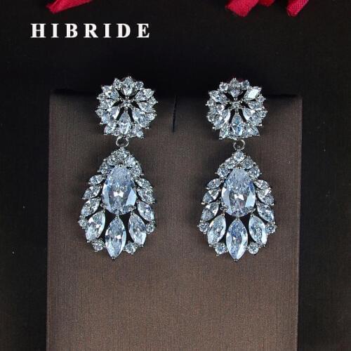 HIBRIDE Aparkling Cubic Zircon Bridal Drop Earring For Women Flower Design Pendientes Charm Party mujer moda Brincos E-860