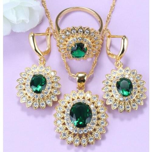 Bridal Costume Green Big Jewelry Sets African Gold Color Sunflower Earrings Necklace And Pendant Ring Wedding Sets For Women