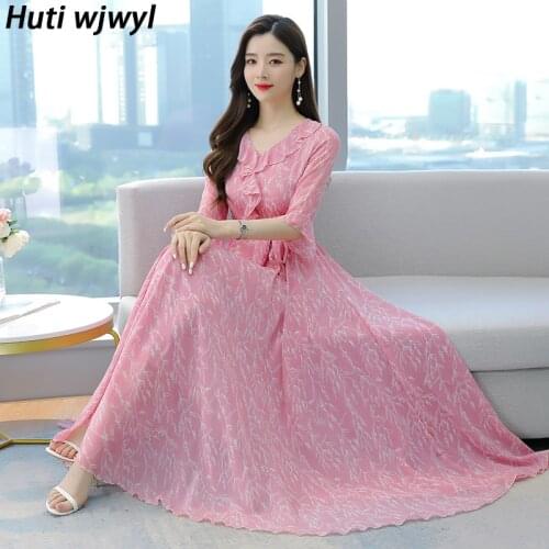 Spring Summer Casual Chiffon Boho Beach Long Sundress Women Bodycon Party Pink Vestidos 2021 Vintage Print Plus Size Maxi Dress