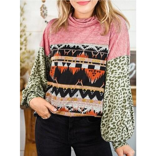 Autumn womens Long Sleeve Casual Style Polyester 2021 New Leopard Stitching Comfortable Lantern High Neck Top