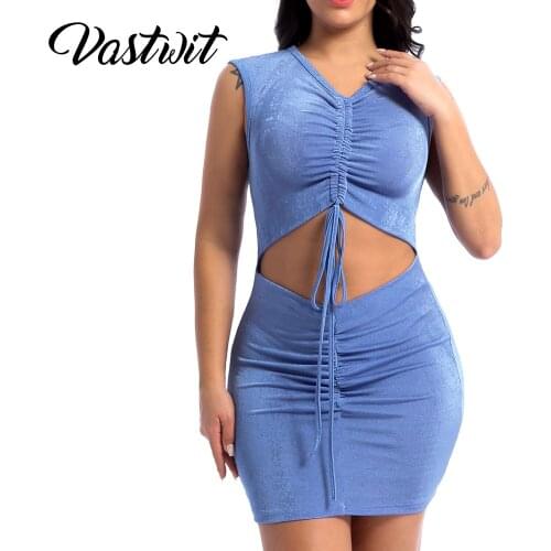 Women Summer Drawstring Pleated Dress Clubwear Solid Color Sleeveless Ruched Cutout Dresses