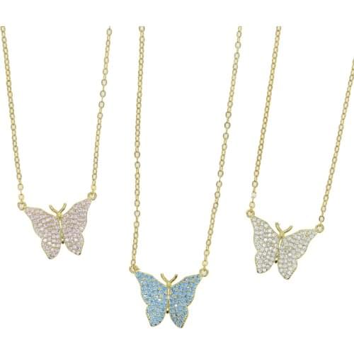 Pink Blue White Cubic Zirconia CZ Butterfly Pendant Necklace Gold Color Animal Design Women Jewelry
