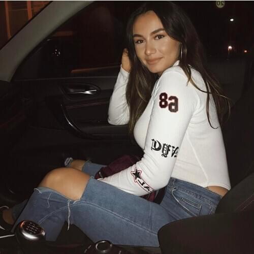 Spring Autumn Women Long Sleeve Bodysuit Letter Print Round Neck Knit Rompers 2020 body Casual Zipper Streetwear Fashion