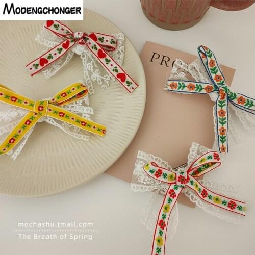 2021Spring Floral Lace Bow Barrette Hairpin For Woman Sweet Girls Printed Flowers Bangs Clip Hairgrip Headwear Hair Accessories