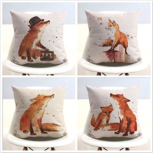 Free shipping/cartoon watercolour animal fox cotton pillowcase car sofa cushion for leaning on of 45 * 45 No Inner