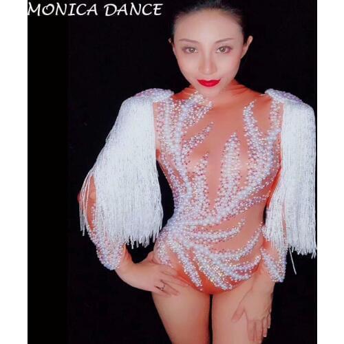 Women Sexy Stage Pearls White Tassel Spandex Bodysuit Female Singer Costume Nightclub Party Show Bodysuit Womens Dance Bodysuit