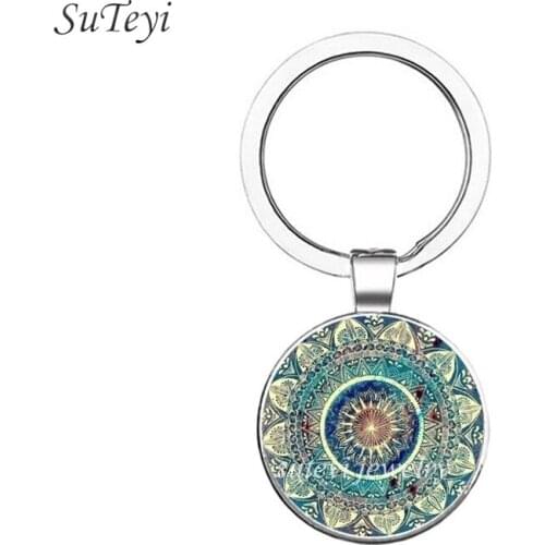 SUTEYI New Fashion Mandala Buddhism Keychain Meditation Yoga KeyChain Glass Silver Plated Pendant Key Ring Jewelry Gift Women