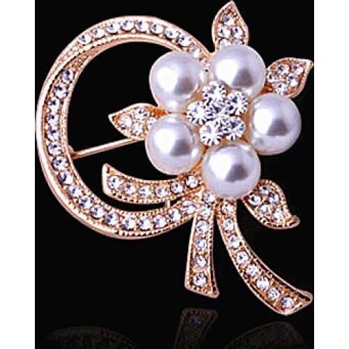Gold Color Detailed Faux Pearl Crystal Pretty Brooch For Women Wedding Bouquet pins
