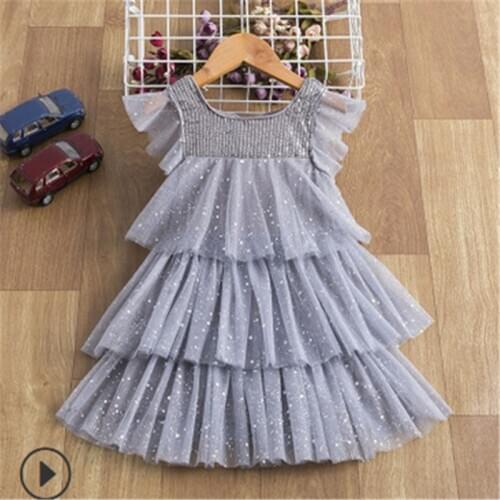 Infant Baby Girl Princess Sleeveless Dress Summer High-Waist Midi Short Sleeve Round Collar Layered Pleated Mesh Skirt Party
