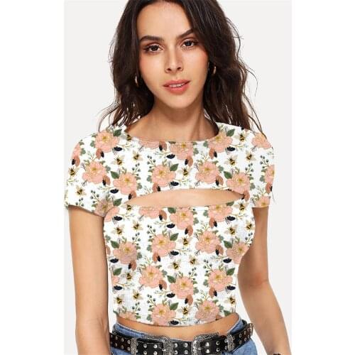 Somepet Bee T shirt Women Flower Tshirt Printed Animal Hollow Out T shirts Harajuku Tshirts Casual Short Sleeve Sexy Short Style