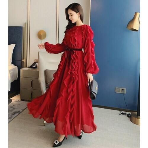 JSXDHK Designer Runway Women Party Long Dress Autumn Winter Chiffon Ruffles Red Lantern Sleeve Female Elegant Belt Maxi Dresses