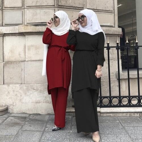 Two pieces tops + pants muslim sets great quality Hot sale fashion simple and fresh Muslim lace dress suits wq2594