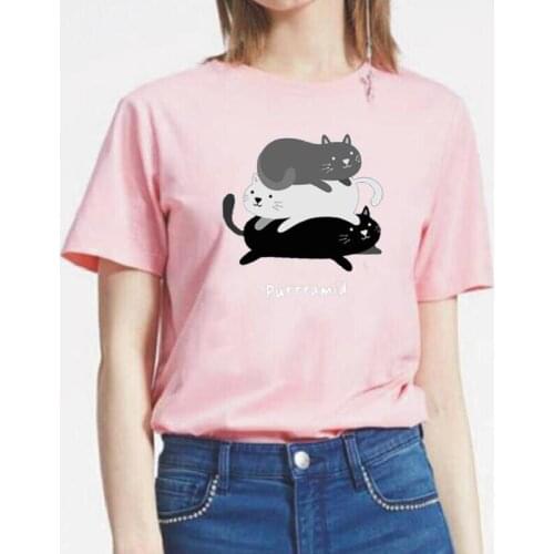 Summer Short Sleeve Casual Tee Shirt Femme Three Kittens Piled Together Printed T Shirt Women Tops Harajuku Shirt Camiseta Mujer