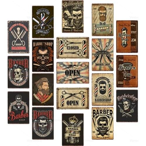 Barber Shop Metal Plate Vintage Barbershop Poster Bar Pub Retro Plaque Haircut and Shave Beard Iron Painting Wall Art