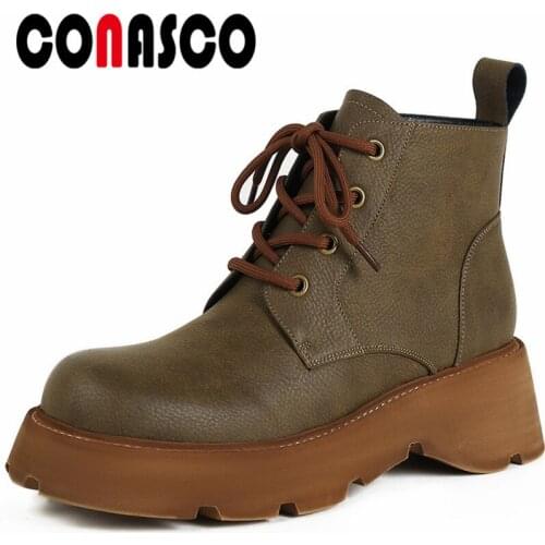 CONASCO 2021 Fashion Women Ankle Boots Autumn Winter Warm Cow Leather Casual Prom Shoes Concise Punk Boots Woman