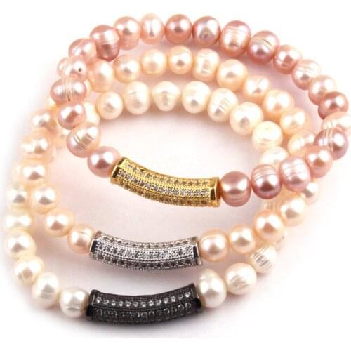 Fashion Women Freshwater Pearls Strand Bracelets Hematite Zircon Paved Bar Pearl Bracelet