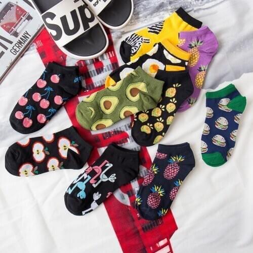 Women socks Funny socks short Cute Cartoon Personality Art animal apple pineapple Zebra Happy Harajuku skateboard Cotton Socks