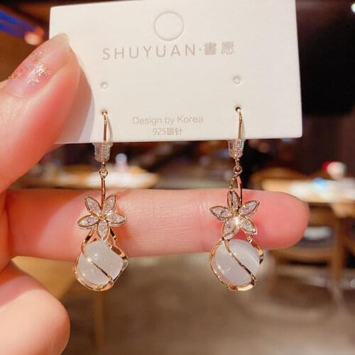 OLIRAFT 2021 Fashion Temperament Opal Hollow Flower Dangle Earrings For Women Elegant Rhinestone Long Pendientes