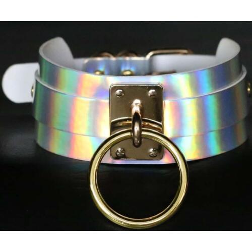 KMVEXO Punk Gothic Handcrafted Chic Holographic Choker Necklace O Round Gold Metal Laser Chocker Collar Necklace Jewelry 2020