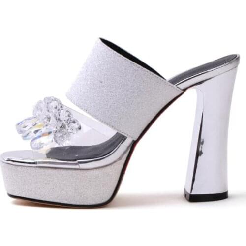 Carpaton Summer Bling Bling Crystal Embellished High Heel Sandals Sexy Open Toe Platform Thick Heels Slides Big Size Woman Shoes
