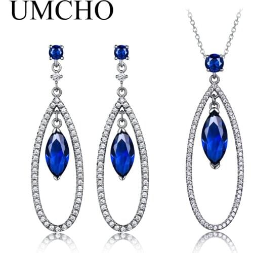 UMCHO Created Sapphire Water Drop Earrings Necklace Real 925 Sterling Silver Jewelry Sets For Women Classic Gift Fine Jewelry