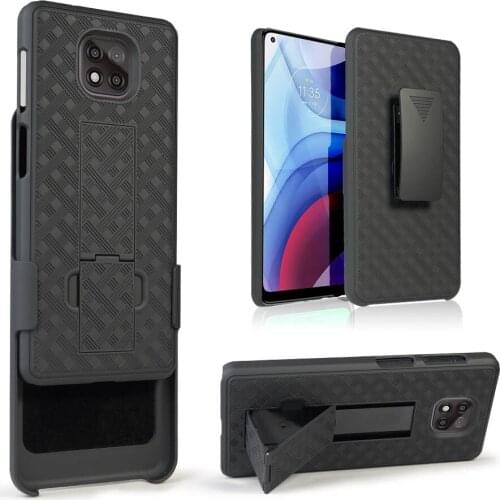 Woven 2 in 1 Hybrid Hard Shell Holster Combo Case With Kickstand & Belt Clip For Motorola Moto G Power 2021 Cases