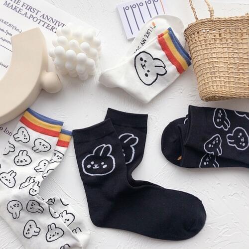 Creative Funny Breathable Cotton Sock Women Cartoon Rabbit Rainbow Cute Socks Girls Streetwear Preppy Style White Black Socks