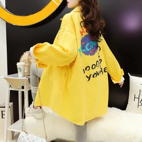 Letter Printing Full sleeve denim jacket Women Fashion Streetwear Loose Plus size Coat Spring Korean style Polo collar jacket