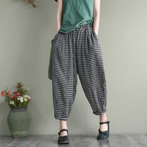 2020 Summer New Arts Style Women Elastic Waist Loose Casual Ankle-length Pants Cotton Linen Vintage Plaid Harem Pants S938
