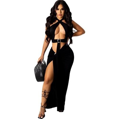 2021 Best Quality Famous Brand 2 pcs Women Set Solid Hollow Out Halter Strapless Short Tops Maxi Dress Summer Sexy Club outfits