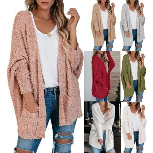 2021 Winter Women Cardigan Casual Loose Batwing Sleeve Solid Color Pockets Knitted Long Coat Fashion Slim Sweaters