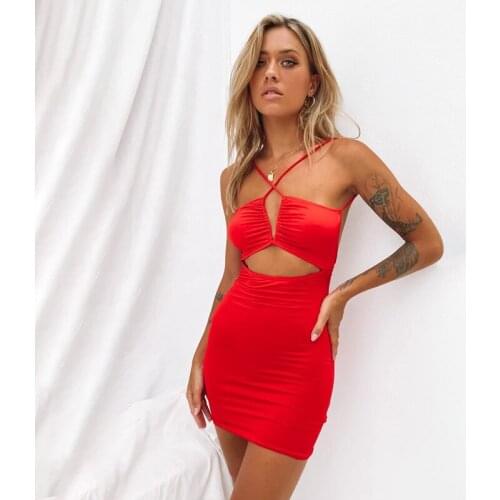 Women Mini Dress Vintage Hollow out Bodycon Dress Pleated Strapless Backless black dress Summer Halter Sleeveless dress red