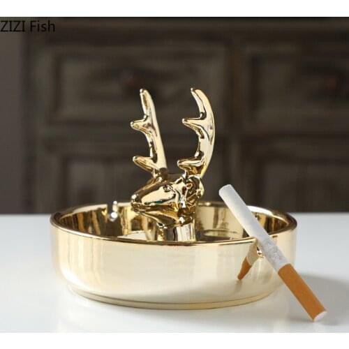 Golden Ceramic Cigar Ashtray Luxurious Deer Head Ashtray Anti-fly Ash Office Decorations Home Living Room Smoking Tools Gifts