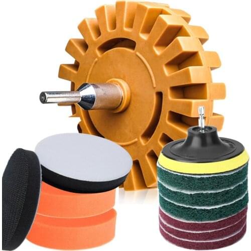 12 pcs set 4 Inch Eraser Wheel Decal Remover Stripe Rubber Wheel Sticker Remover with Drill Adapter Kit, Sponge Polishing Pads
