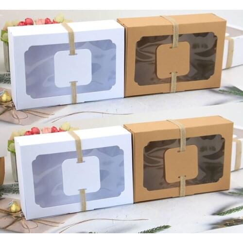 12PCS Kraft Paper Gift Boxes with Rope PVC Window Cookies Biscuit Packaging Box for Wedding Christmas Party Wrapping Supplies