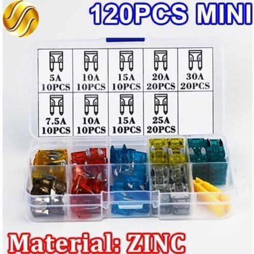 120pcs Car MINI Fuse 5A 7.5A 10A 15A 20A 25A 30A Amp ZINC Assortment Auto Blade Type Fuses Boat Truck SUV with Box Clip