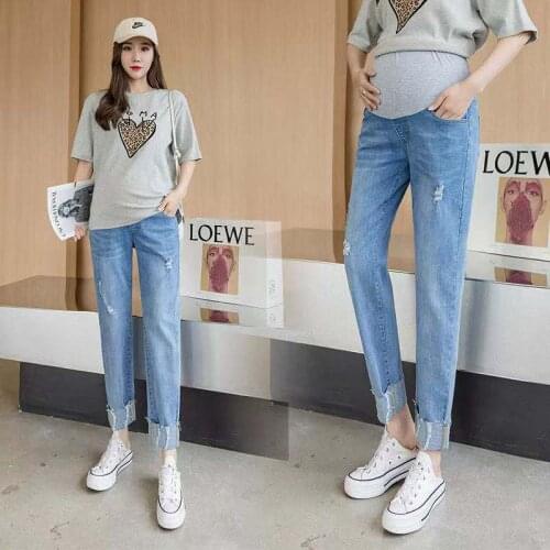 2021 Korean Version of Pregnant Womens Spring Elastic Hole Straight-Leg Pants Daddy Harlan Casual Straight-leg Loose Pants