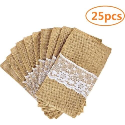 25pcs Burlap Lace Utensil Natural Cutlery Holders Bags Knifes Forks Napkin Silverware Holder Bag for Rustic Wedding Xmas Party