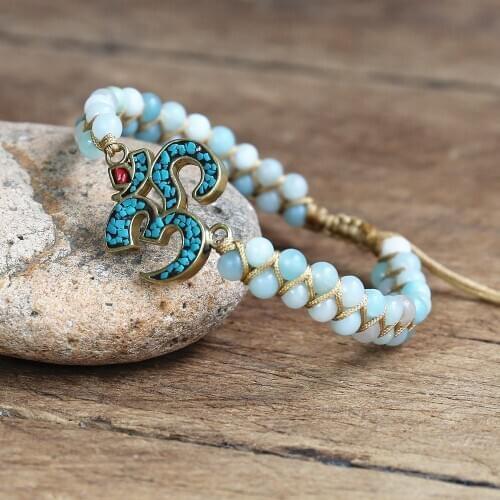 5A 4mm Amazonite Stone Buddhism OM Braided Bracelet Handmade Jewelry Yoga Friendship Bracelet Bangle Bohemian Jewellery