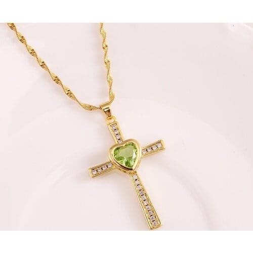 9k Fine Solid Yellow Gold Cross Pendant Crucifix with Green Pink Purple blue Inlay heart Necklace 20" Religious