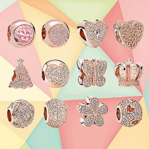 Fashion S925 Rose Gold Sterling Silver Particles Charm Hug With Cubic Zirconia Fit And Series Jewelry DIY Free Mail Bracelet