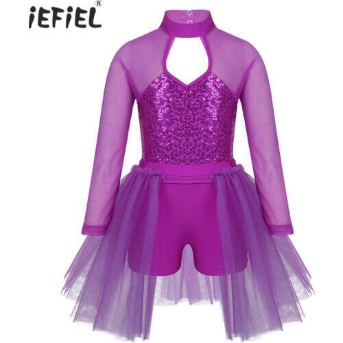 Kids Girls Tulle Shiny Sequins Ballerina Ballet Dress Tutu Lyrical Dance Costume Gymnastics Leotards for Girls Stage Dance Wear