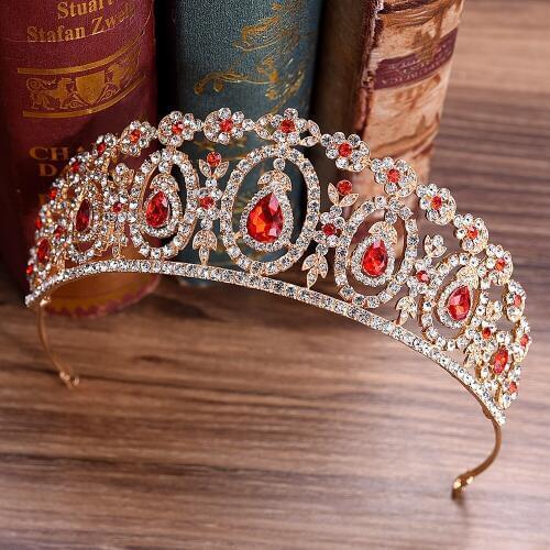 DIEZI 5 Colors Baroque Gold Bridal Crown For Wedding Hair Accessories Red Blue Green Crystal Crowns Tiaras Diadem Headbands