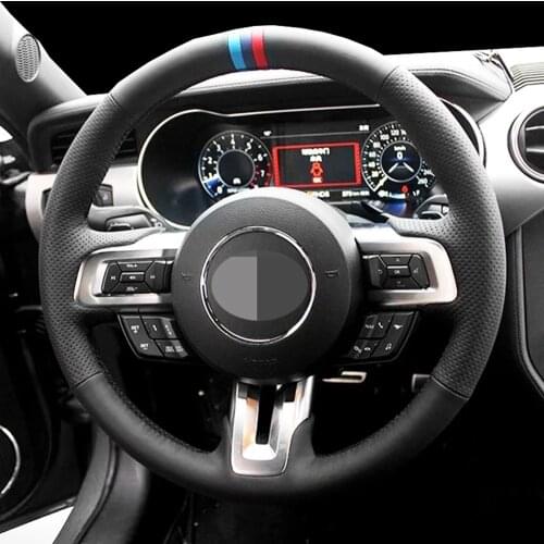 DIY Black Suede Leather Non-Slip Wear-Resistant Car Steering Wheel Cover For Ford Mustang 2015-2019 / Mustang GT 2015-2019