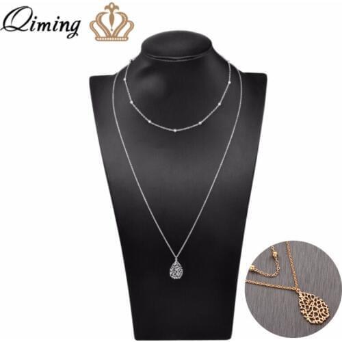 QIMING Elegant Water Drop Beads Necklace Chain Women Wholesale Jewelry Layered Pendants Ladies Long Necklaces Bijoux Femme